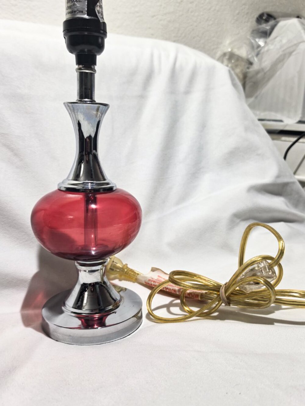 Vintage French style Ruby Glass Chrome Table Lamp works no cracks or chips